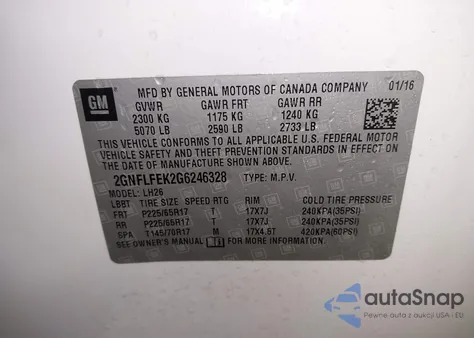 2016 Chevrolet Equinox Lt z USA, uszkodzony, nr VIN 2GNFLFEK2G6246328